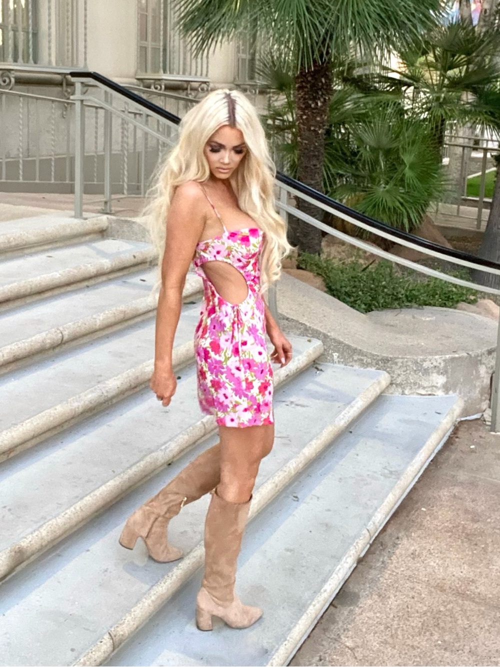 Floral Pink  Mini Dress with Spaghetti Straps and Side Cut Outs With Ties